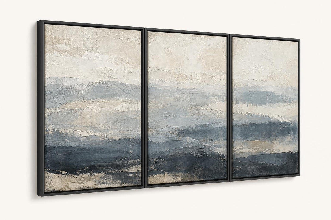 Tidal Stone Triptych angled view in a floating frame