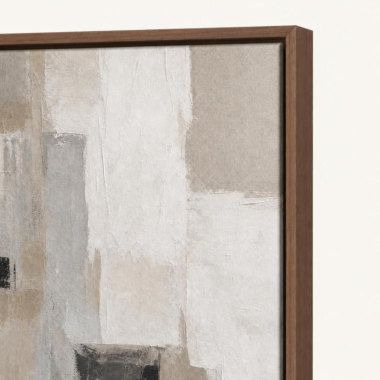 First Room floating frame corner detail on warm-white studio background