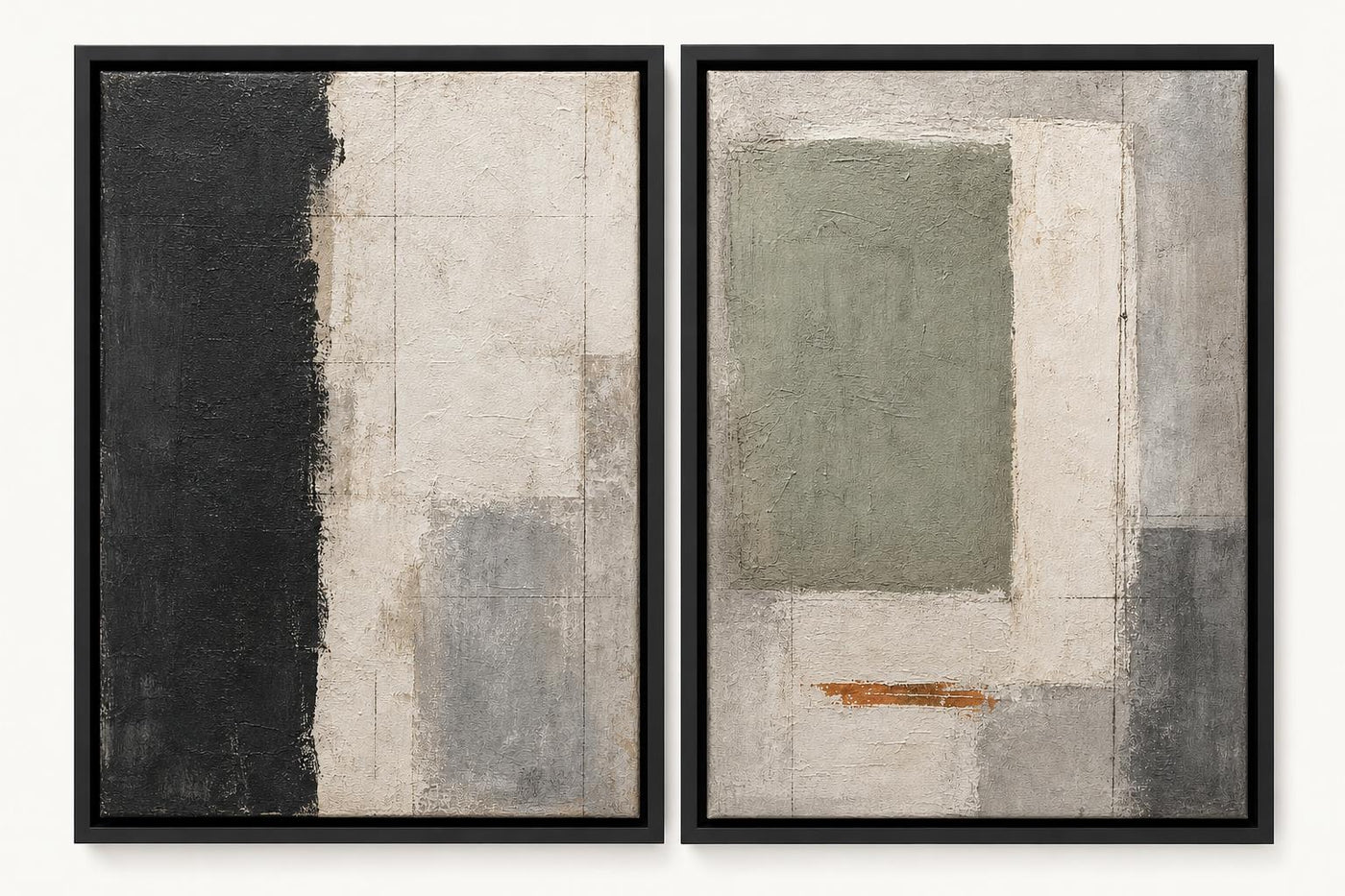 Charcoal Sage Diptych 60x40 framed canvas product image in a Black floating frame