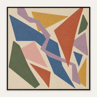 Color Counterpoint, 48 × 48 inch canvas in a Black floating frame, shown head-on; muted geometric composition on an oatmeal ground.