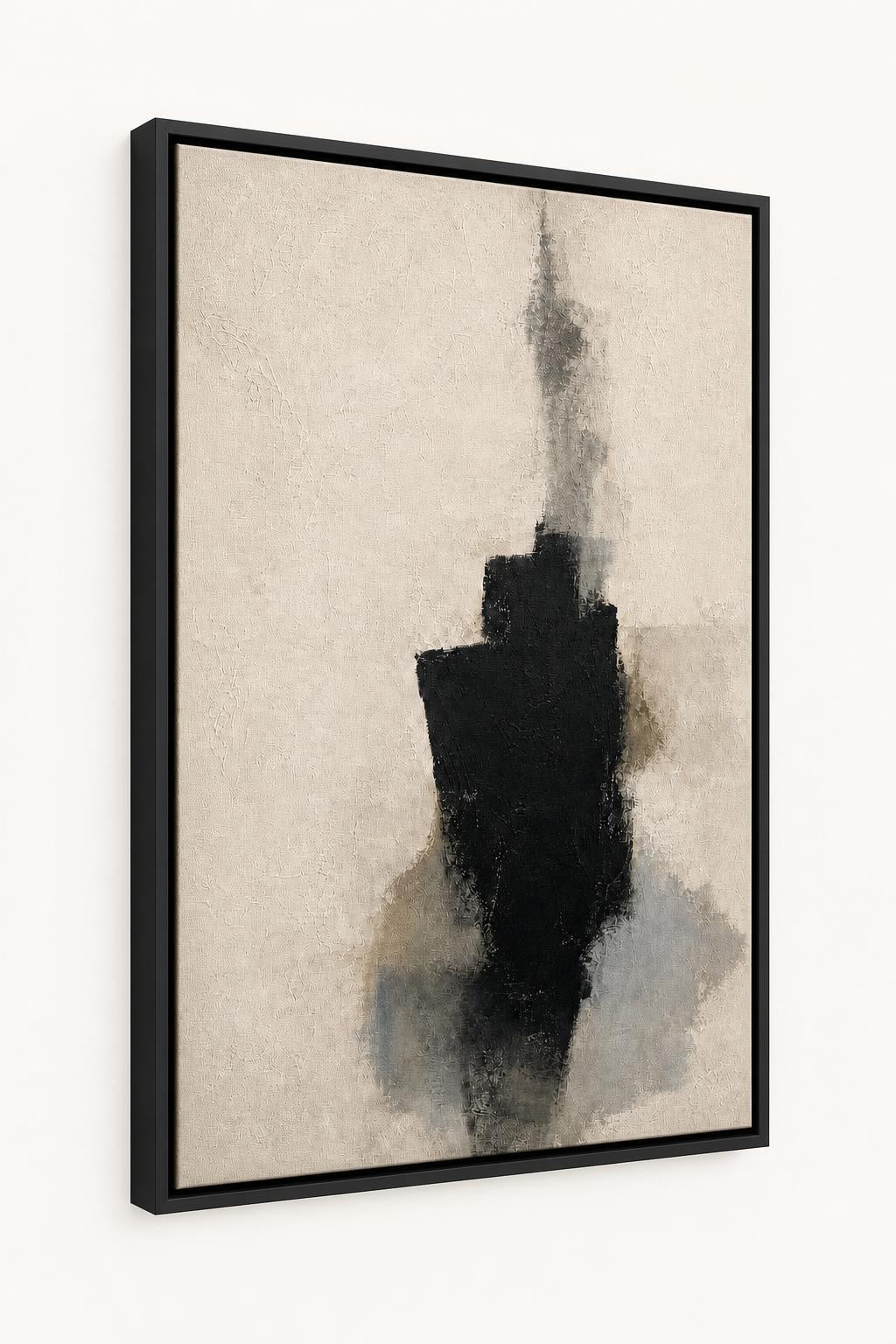 Ink Room 40x50 framed canvas angled wall view in a Black floating frame