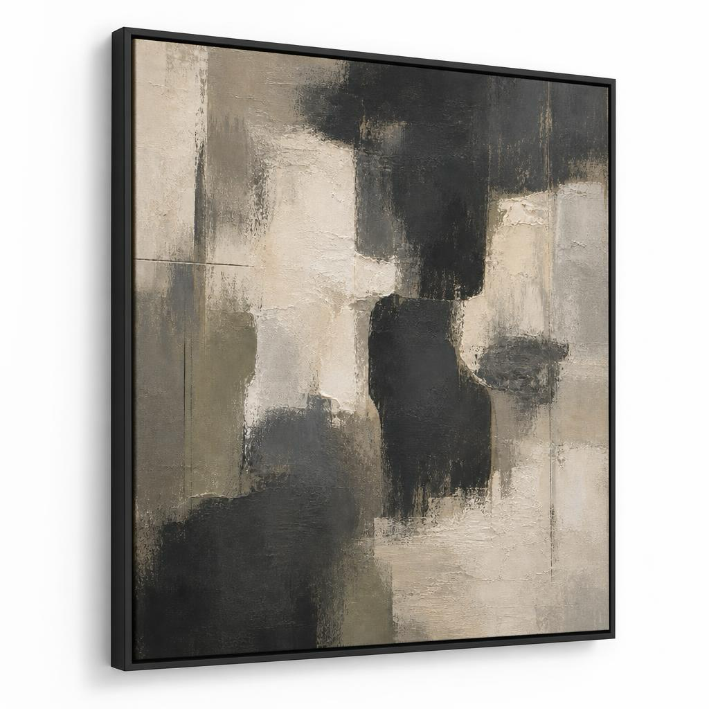 Charcoal Cream Relief angled view in a Black floating frame