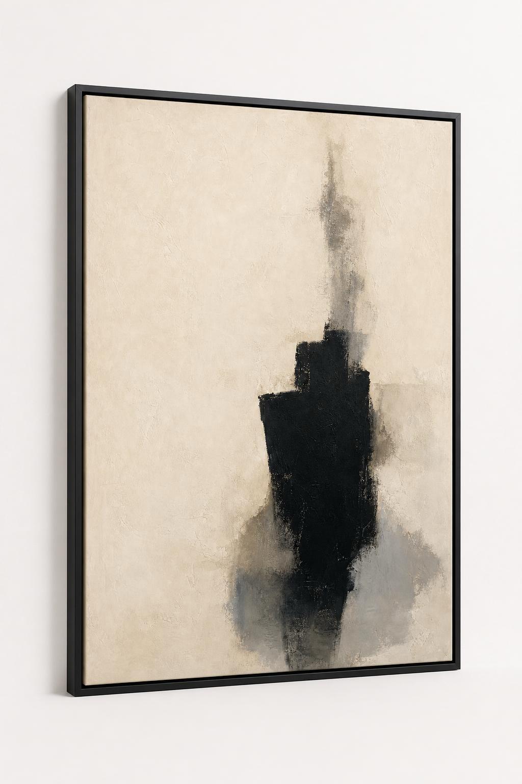 Ivory and Ink angled view in a Black floating frame