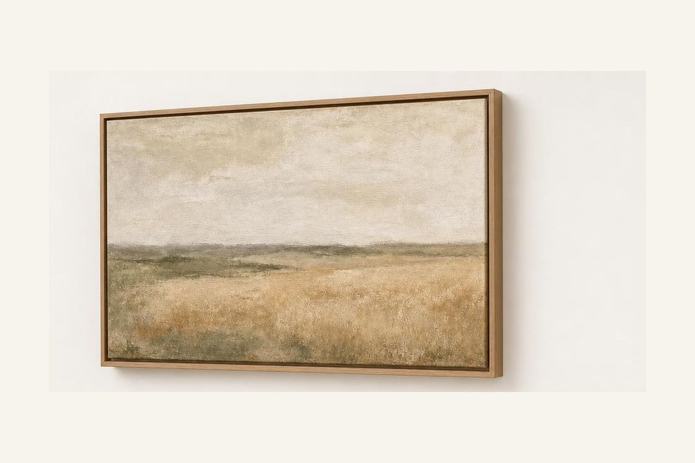 Oat Field 60x40 framed canvas angled product view in a Natural Oak floating frame