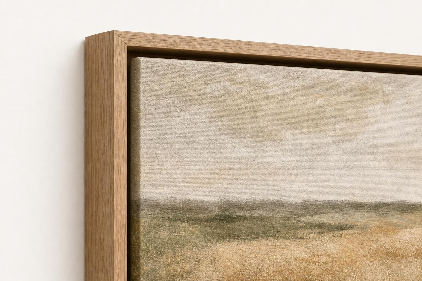 Oat Field Natural Oak floating frame corner detail with deep profile and canvas texture