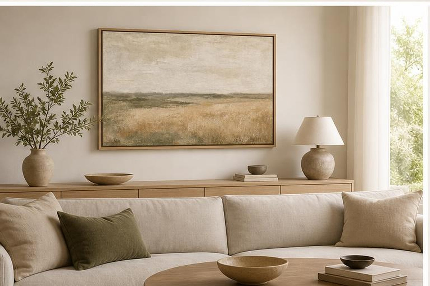 Oat Field 60x40 framed canvas styled in a warm neutral living room