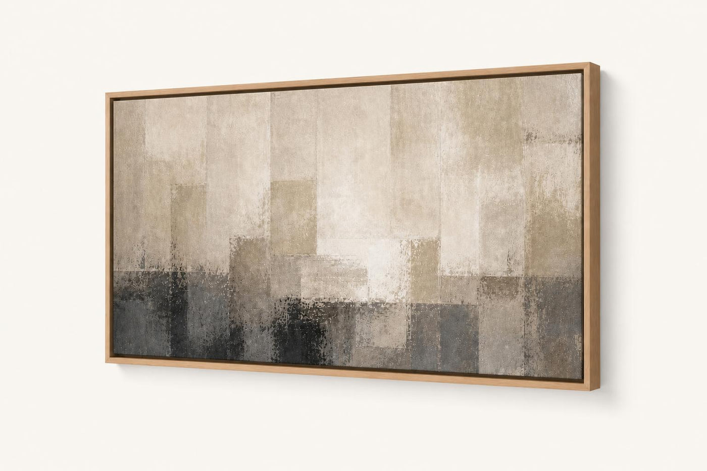 Quiet Horizon 60x40 framed canvas angled wall view in a Natural Oak floating frame