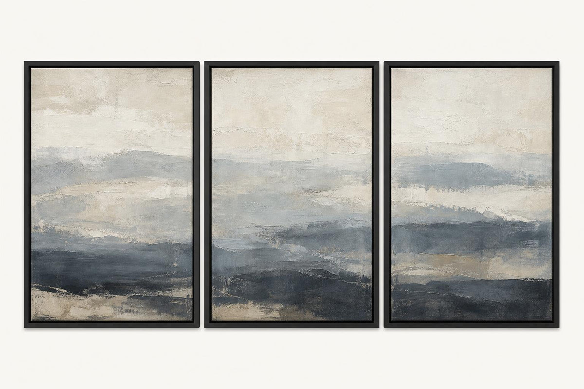 Tidal Stone Triptych 72x36 framed canvas product image in a Black floating frame
