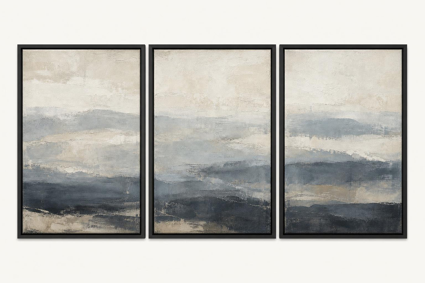 Tidal Stone Triptych 72x36 framed canvas product image in a Black floating frame