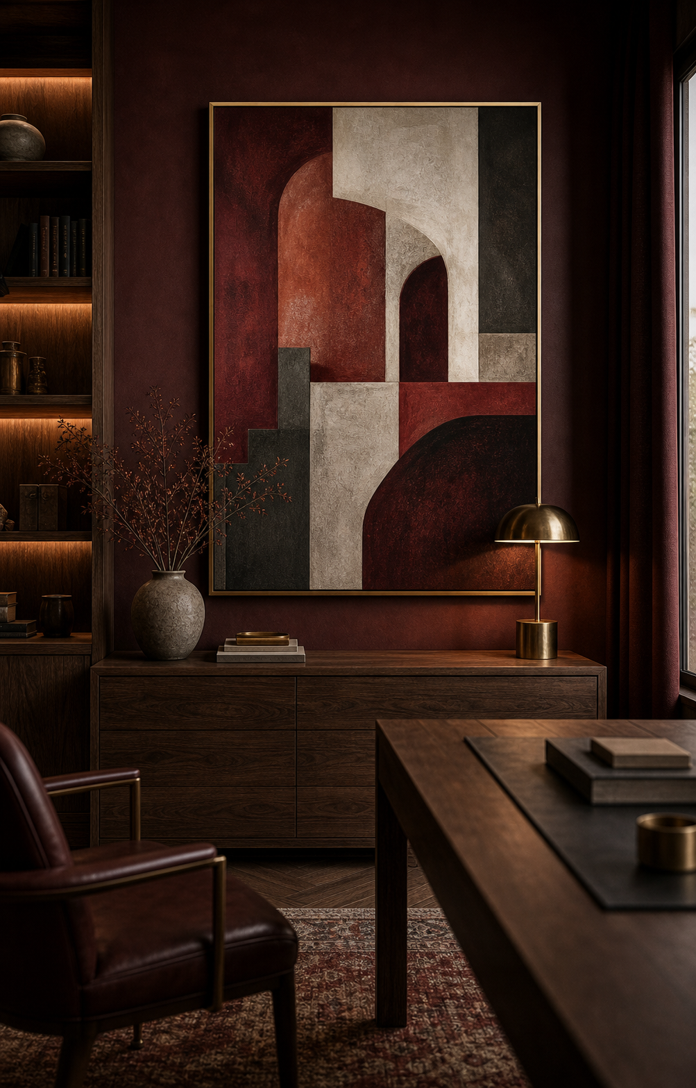 Rust burgundy artwork styled in an entry room