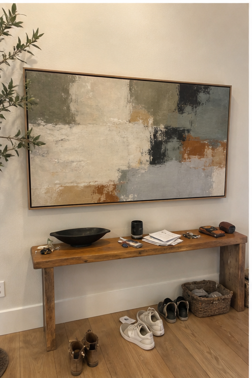 Framed abstract canvas above a simple entry console