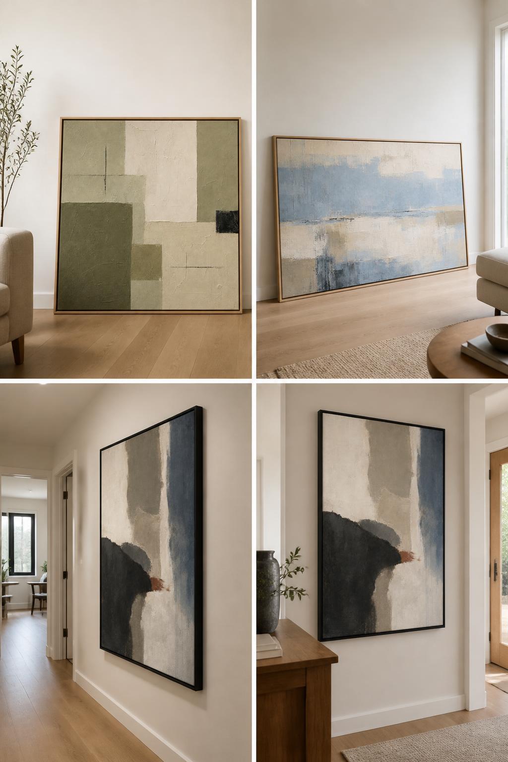 Large neutral abstract canvas leaning against a beige wall in an older home