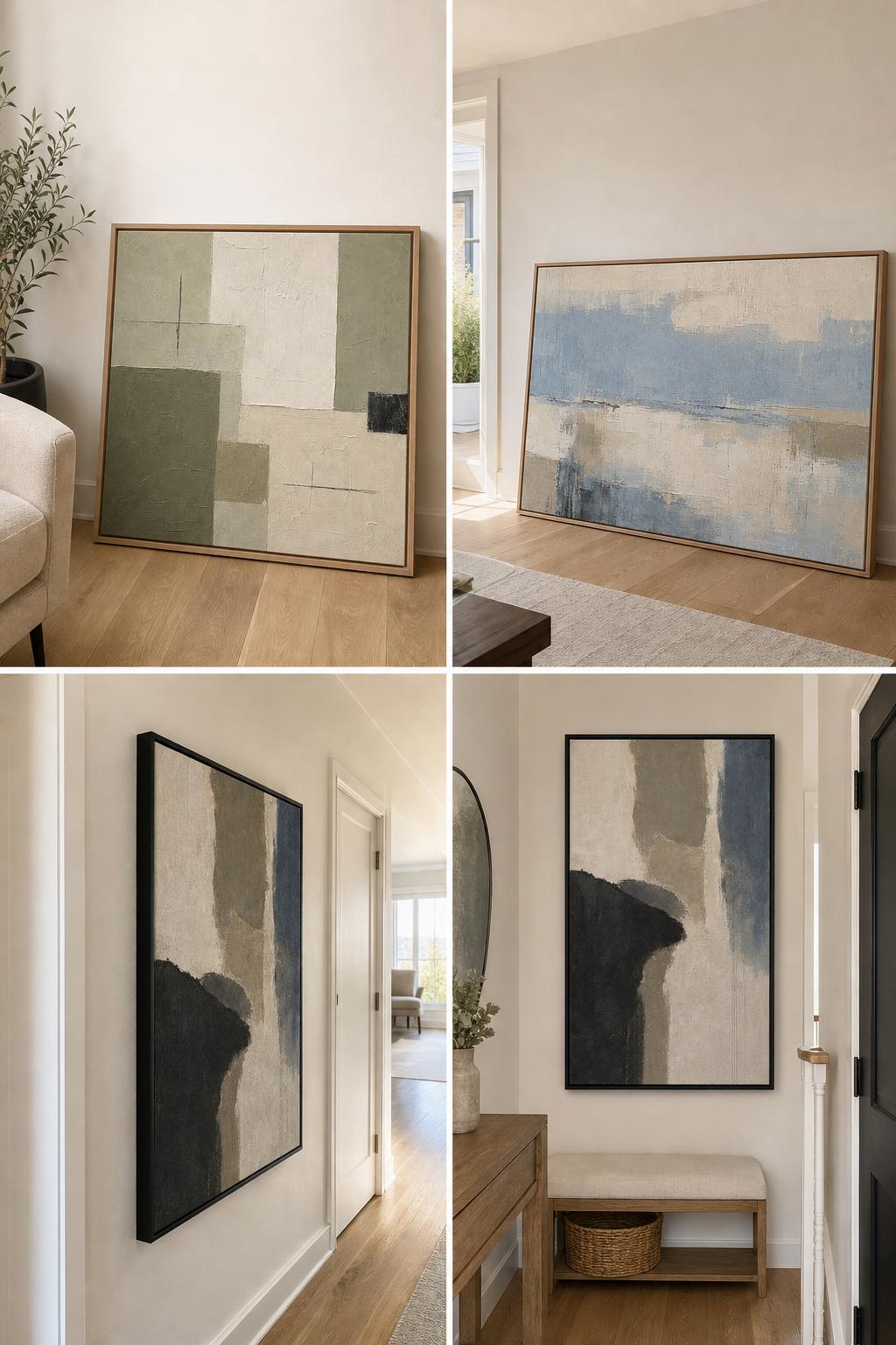 Framed abstract canvas styled in a casual beige wall home setting