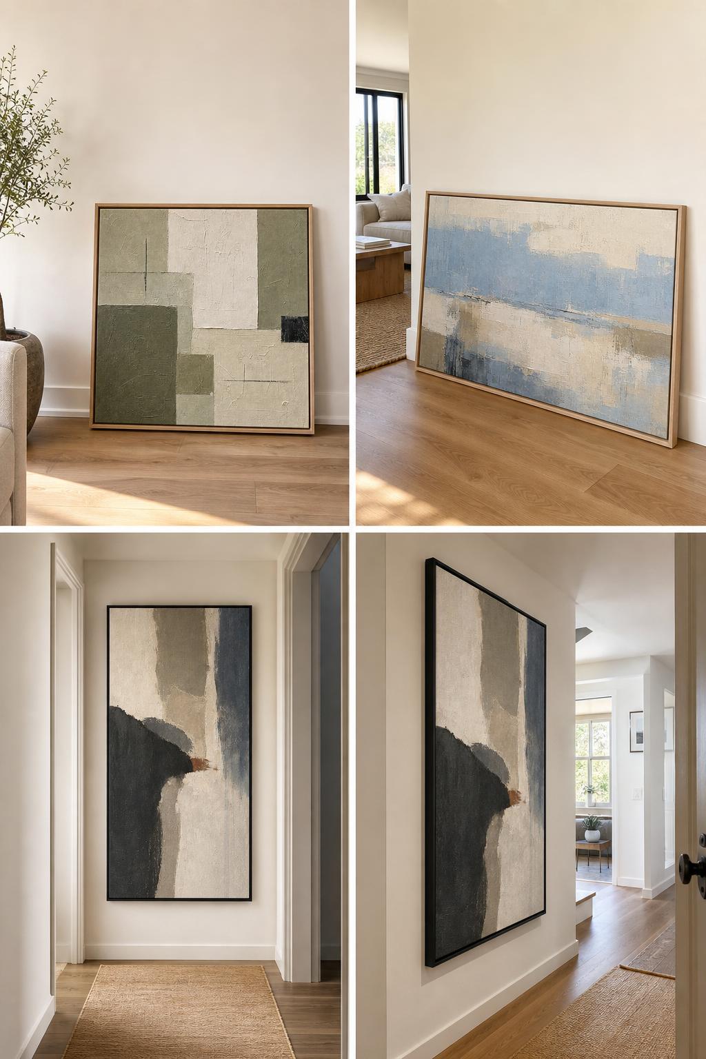 Large framed abstract artwork in a casual older-home room