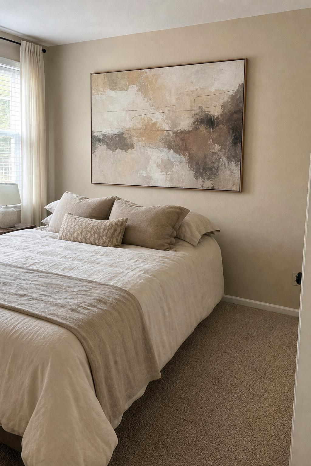 Large framed canvas above a bed in a carpeted bedroom with quarter round baseboards