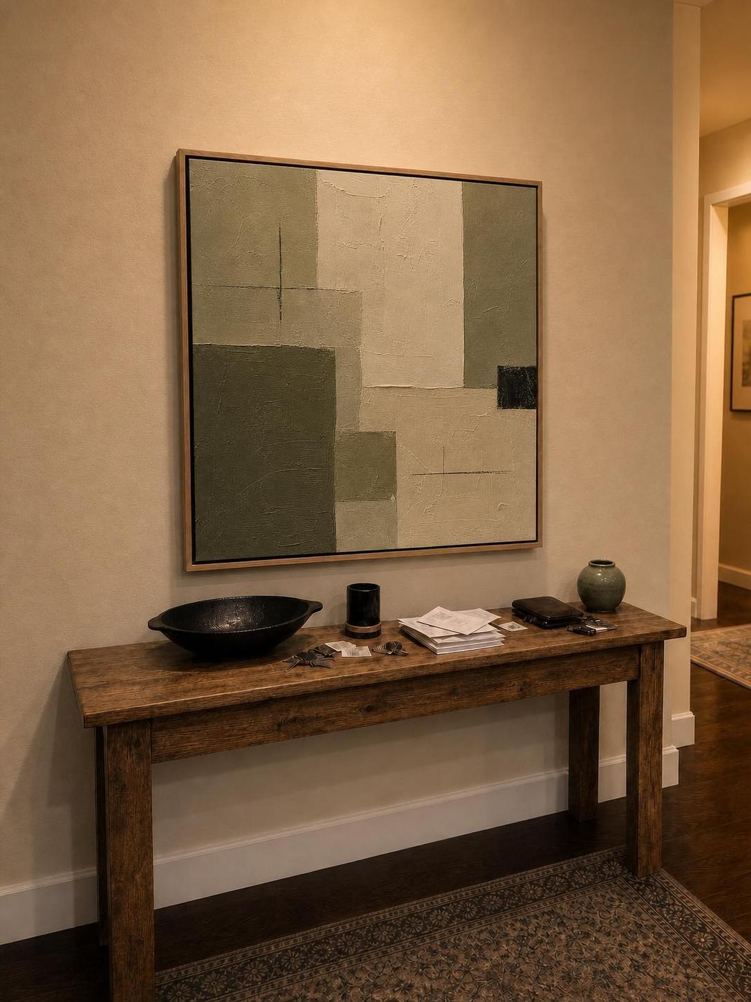 Soft Garden framed canvas above a console table in a warm entry hallway