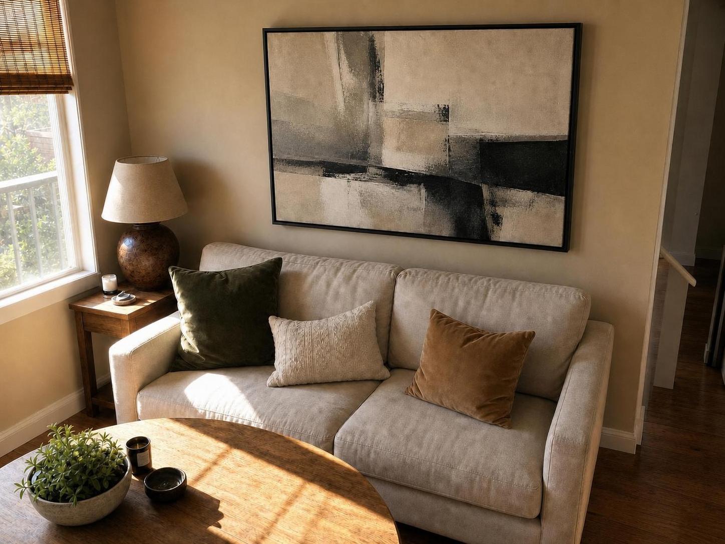 Vesper framed canvas above a warm sofa on a camel wall