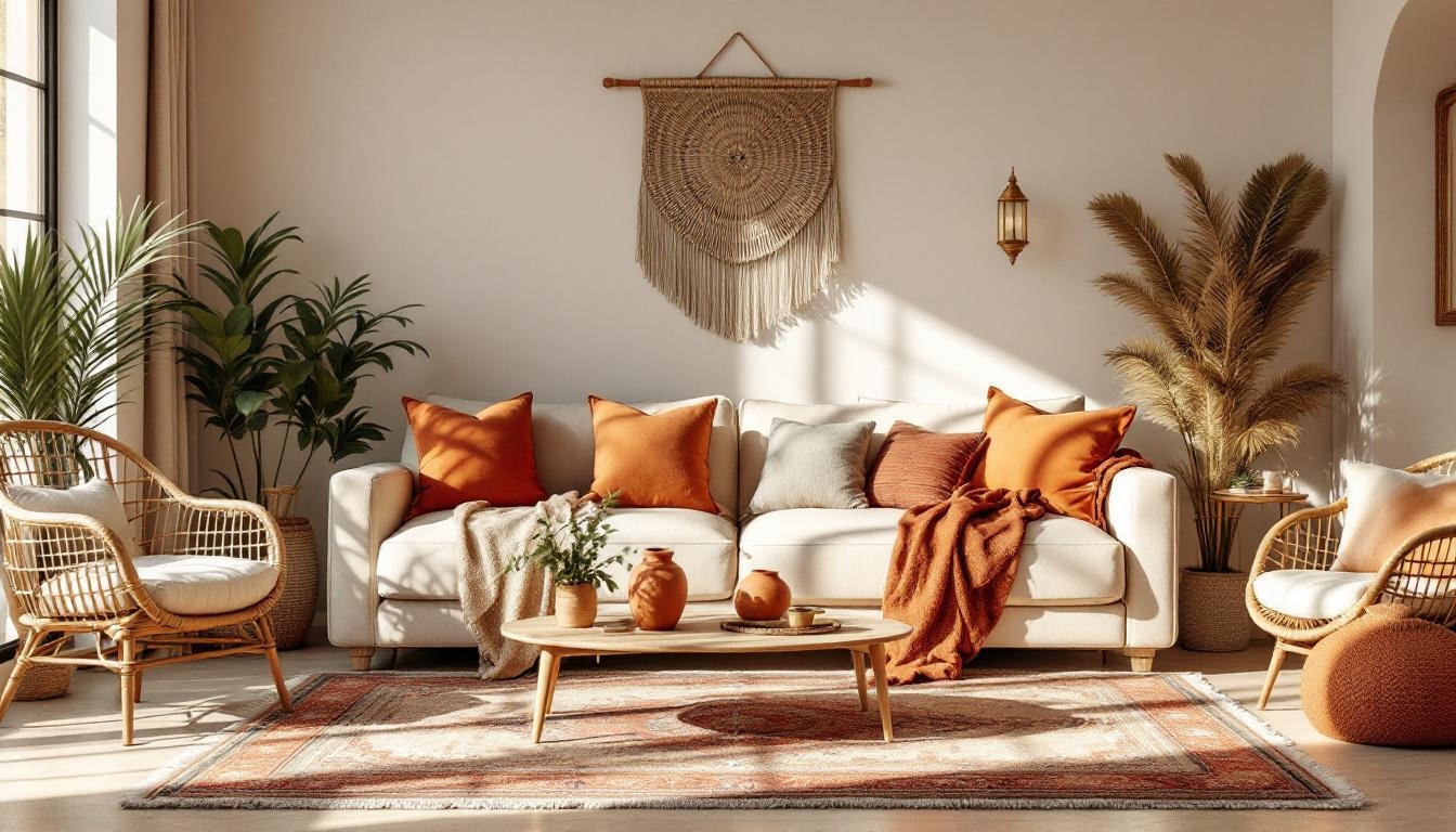Bohemian living room with terracotta tones