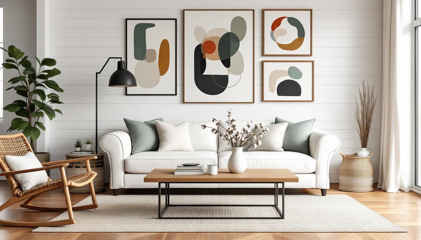 Modern Farmhouse living room — White & Wood palette