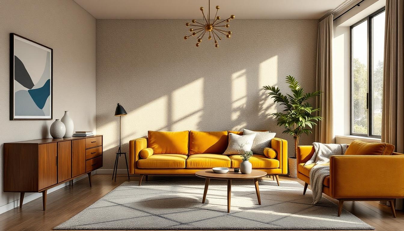 Mid-Century living room — Mustard & Walnut palette