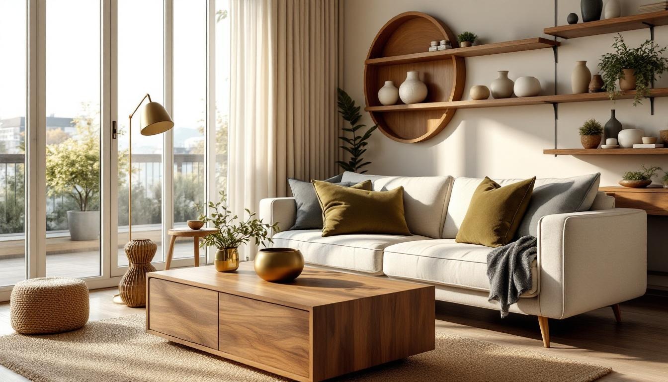 Modern living room with walnut and olive tones