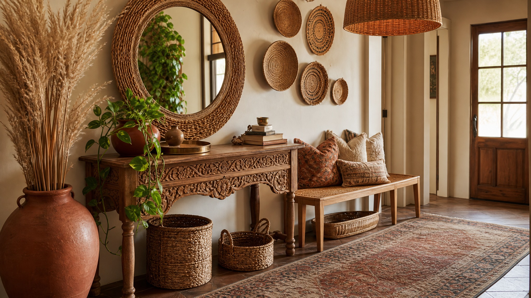 Bohemian Luxe entryway — Carved Wood & Jute palette