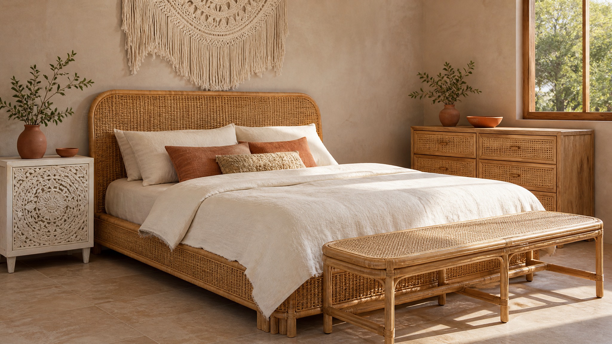 Bohemian Luxe bedroom — Rattan & Clay palette