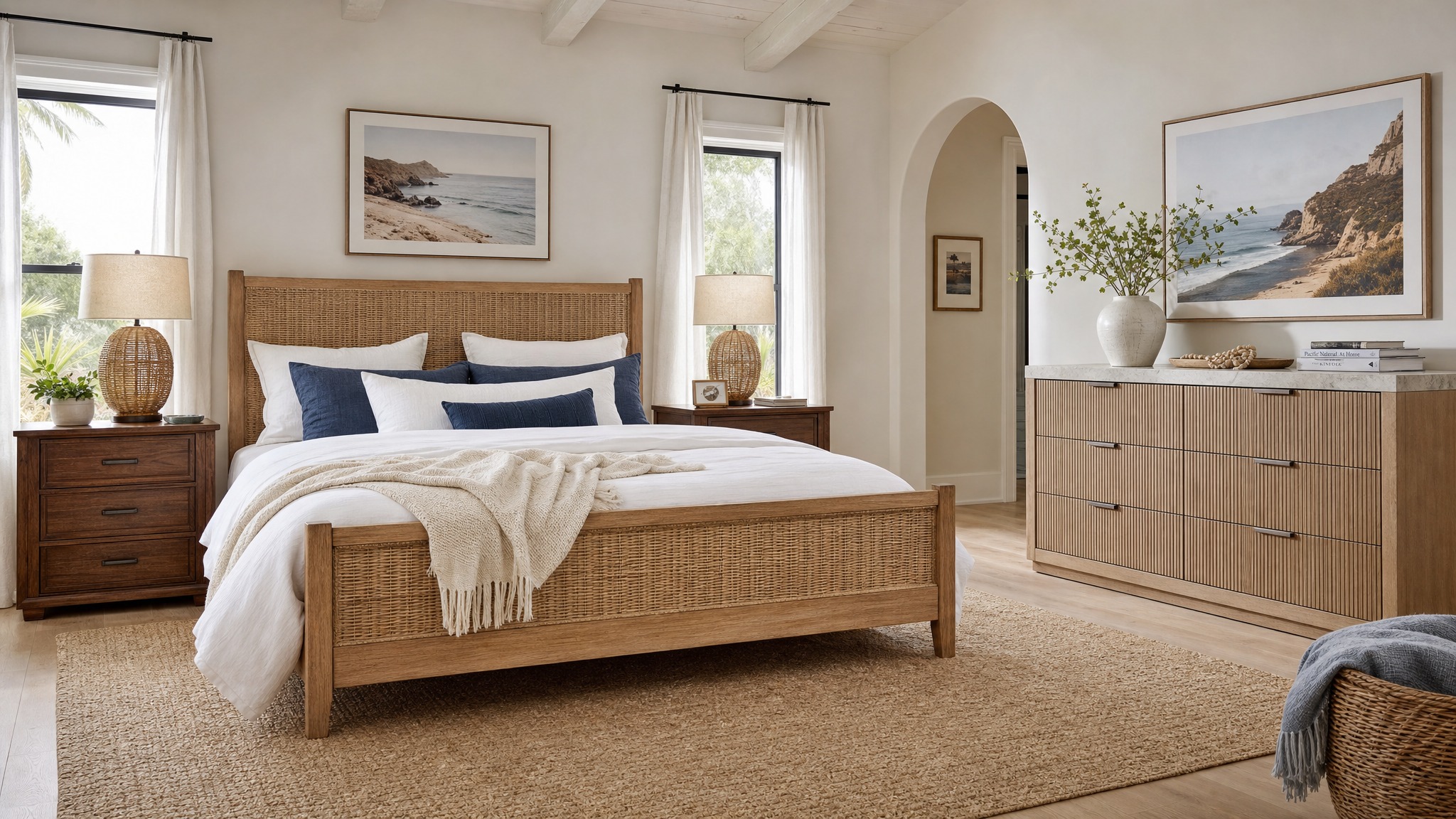 California Coastal bedroom — Driftwood & Navy palette
