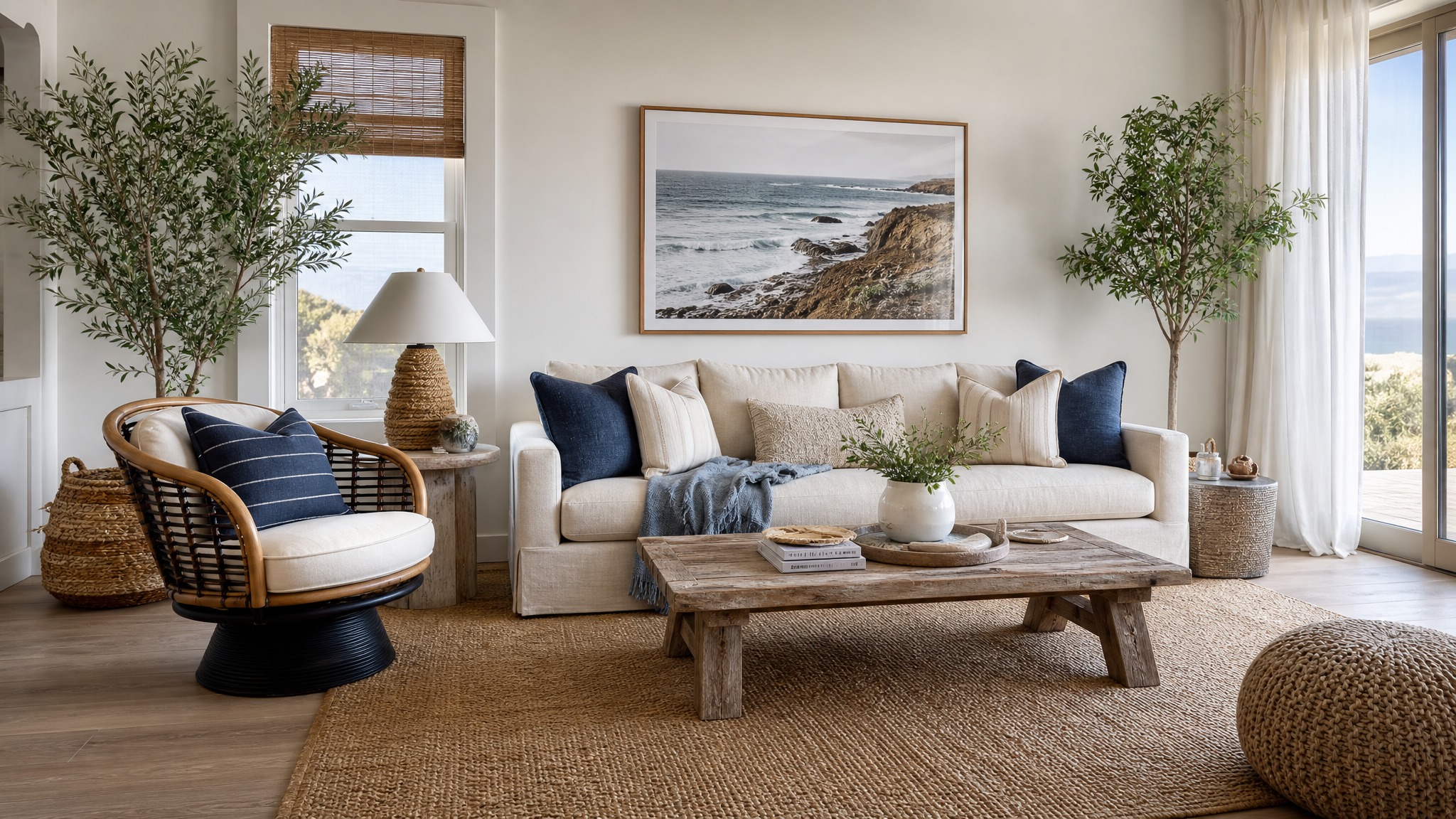 California Coastal living room — Driftwood & Navy palette