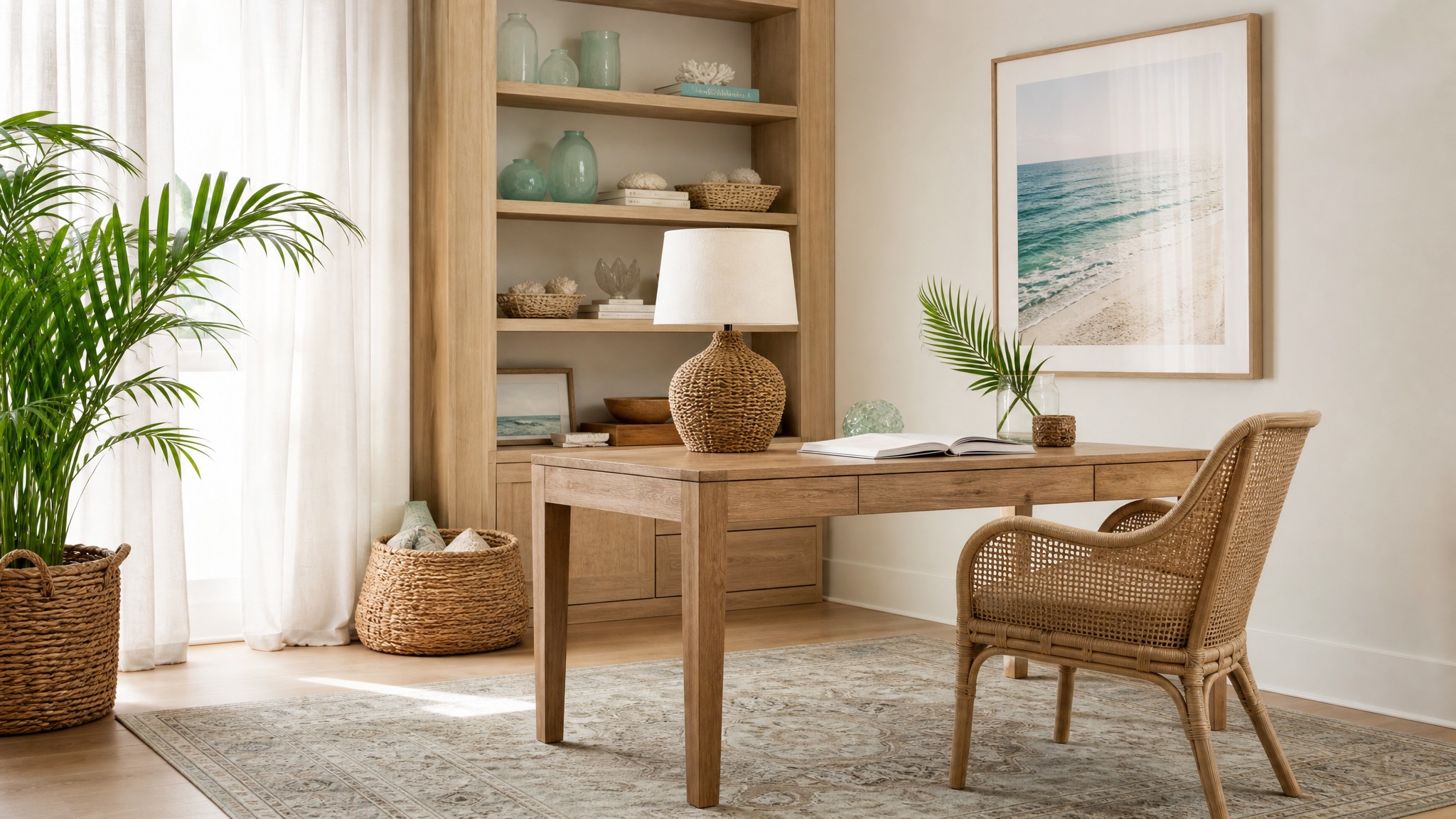 California Coastal home office — Rattan & Sea Glass Office palette