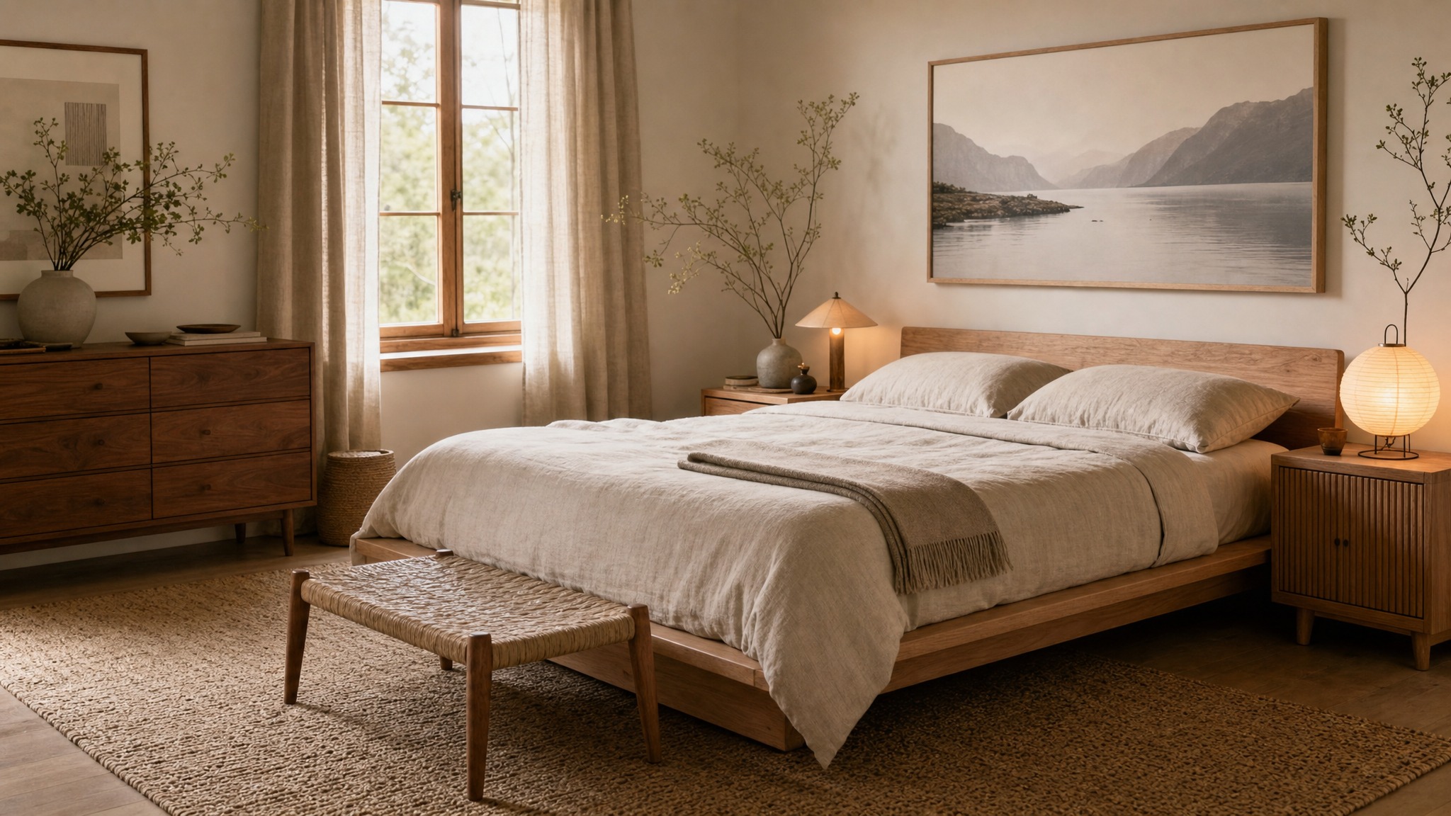 Japandi & Scandi bedroom — Light Oak & Linen palette