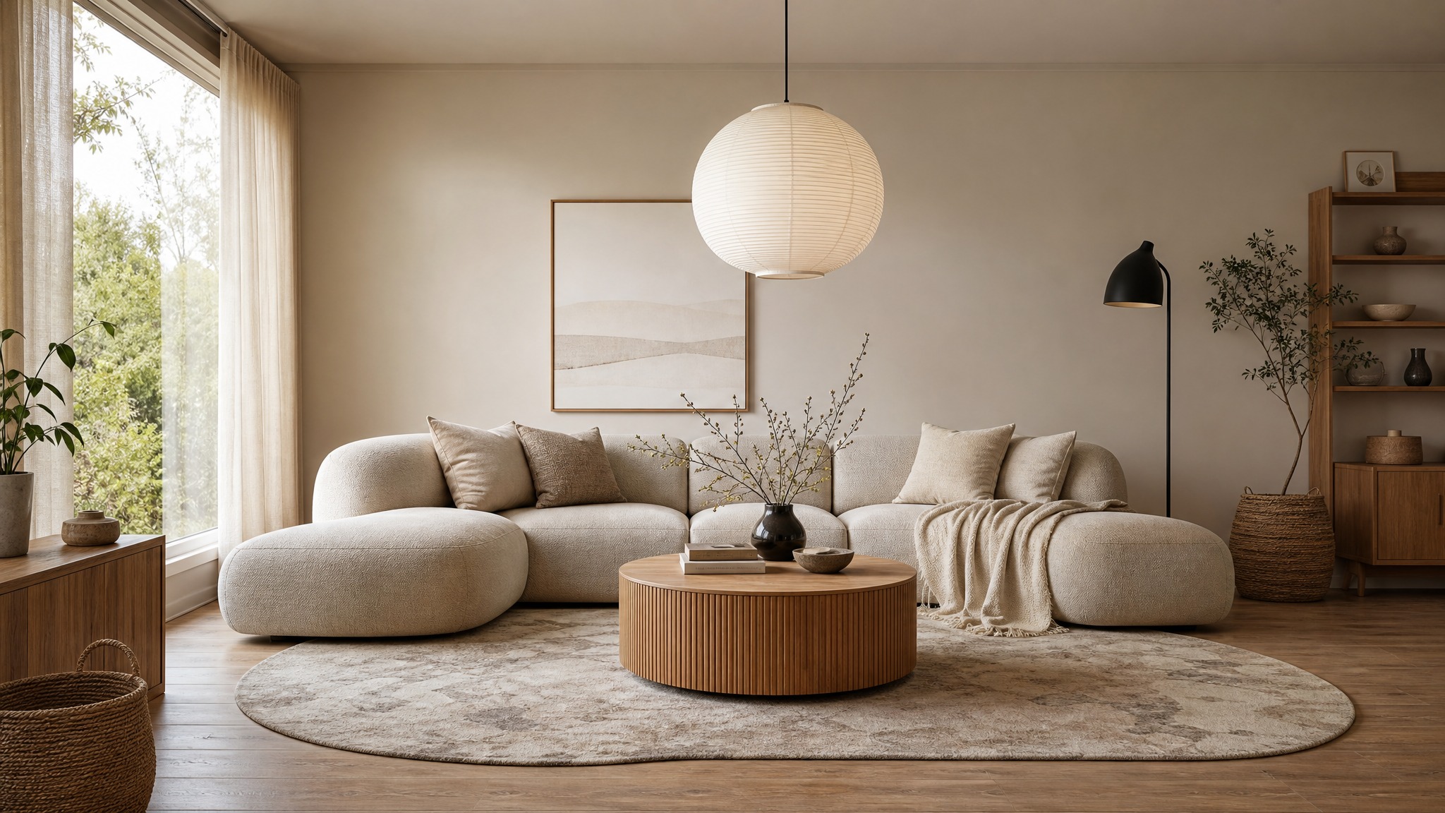 Japandi & Scandi living room — Warm Earth palette