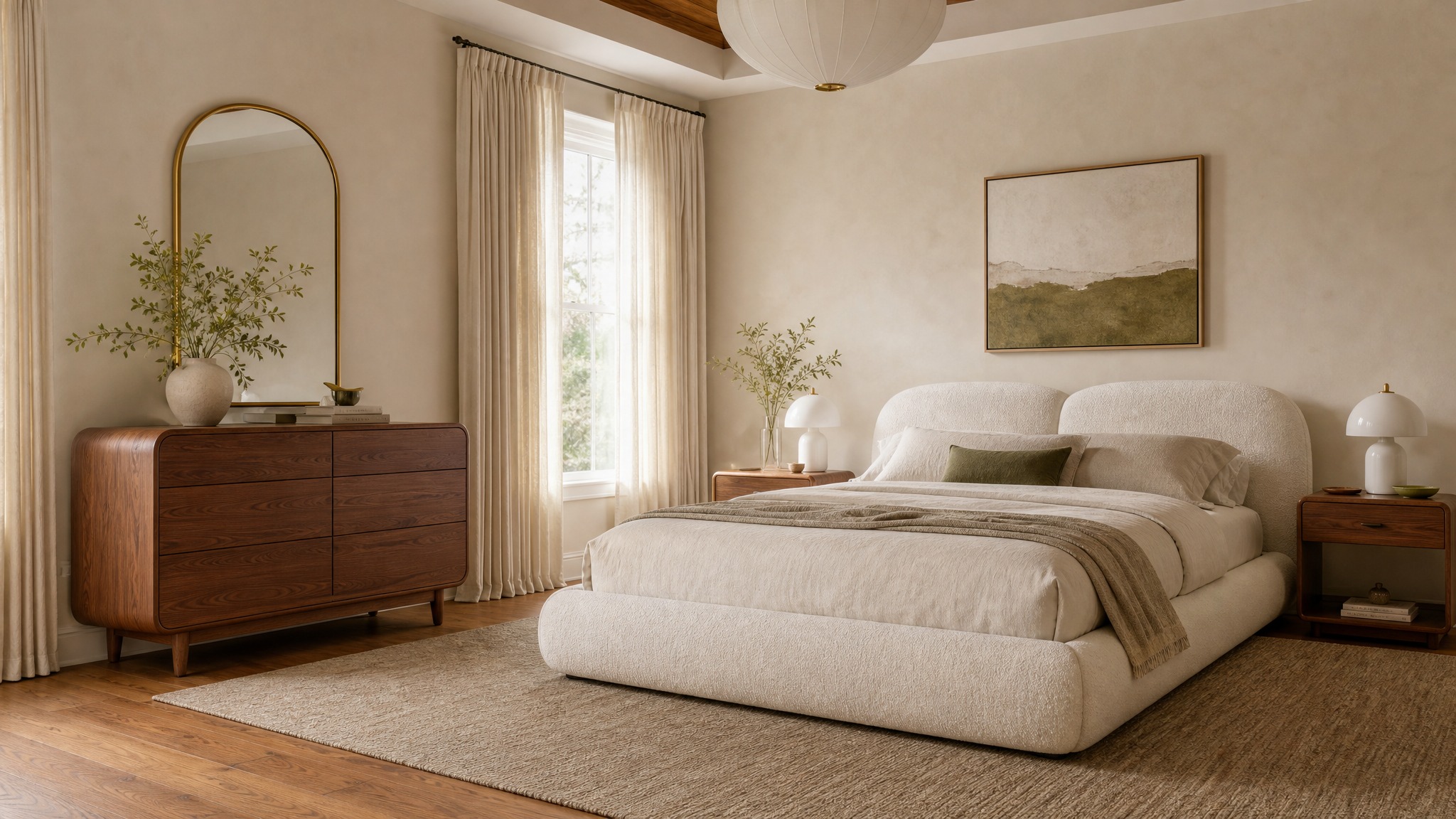 Organic Modern bedroom — Walnut & Olive palette