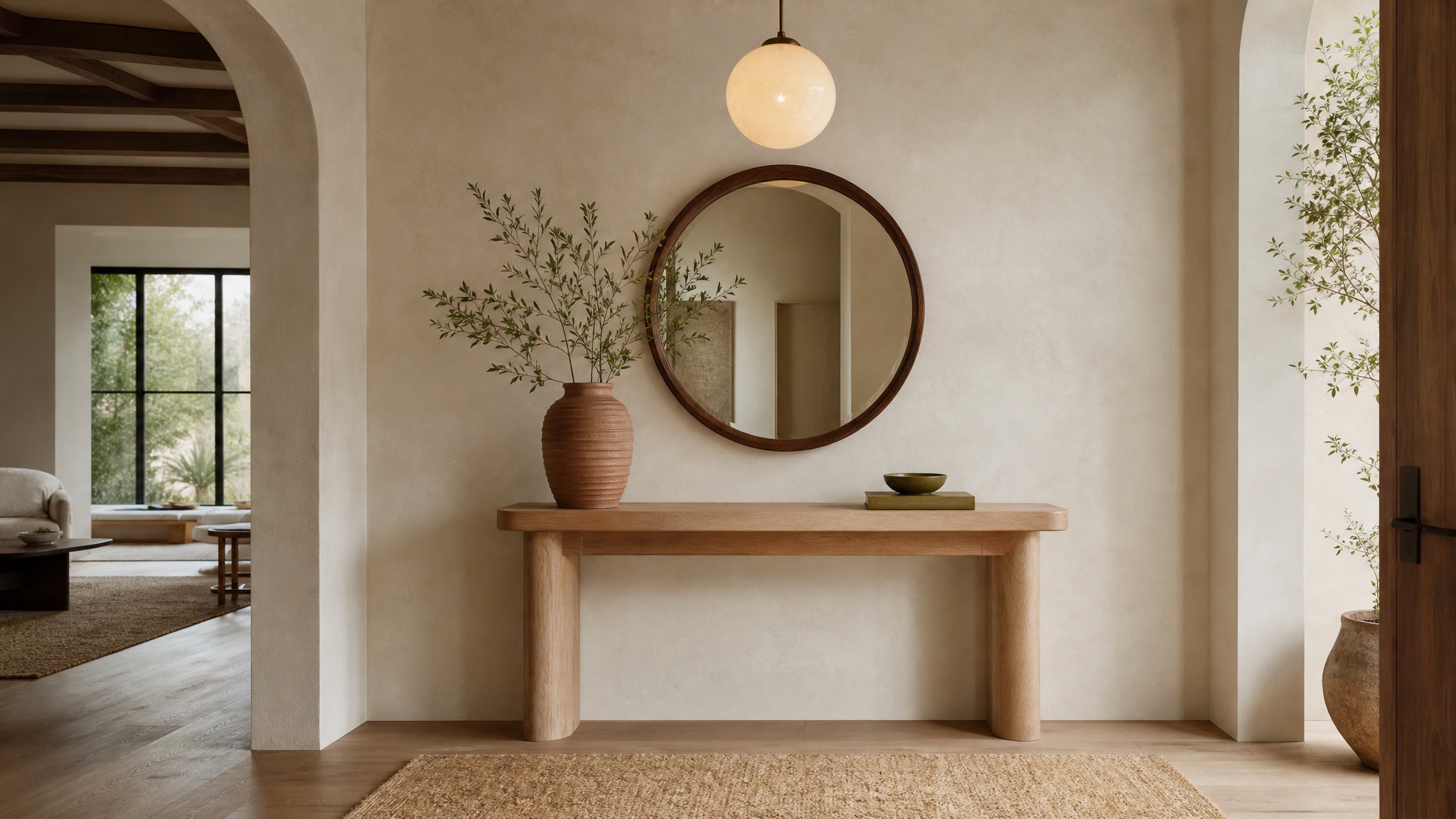 Organic Modern entryway — Walnut & Olive palette