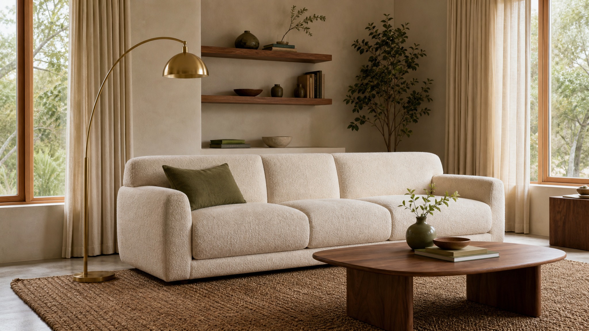 Organic Modern living room — Walnut & Olive palette