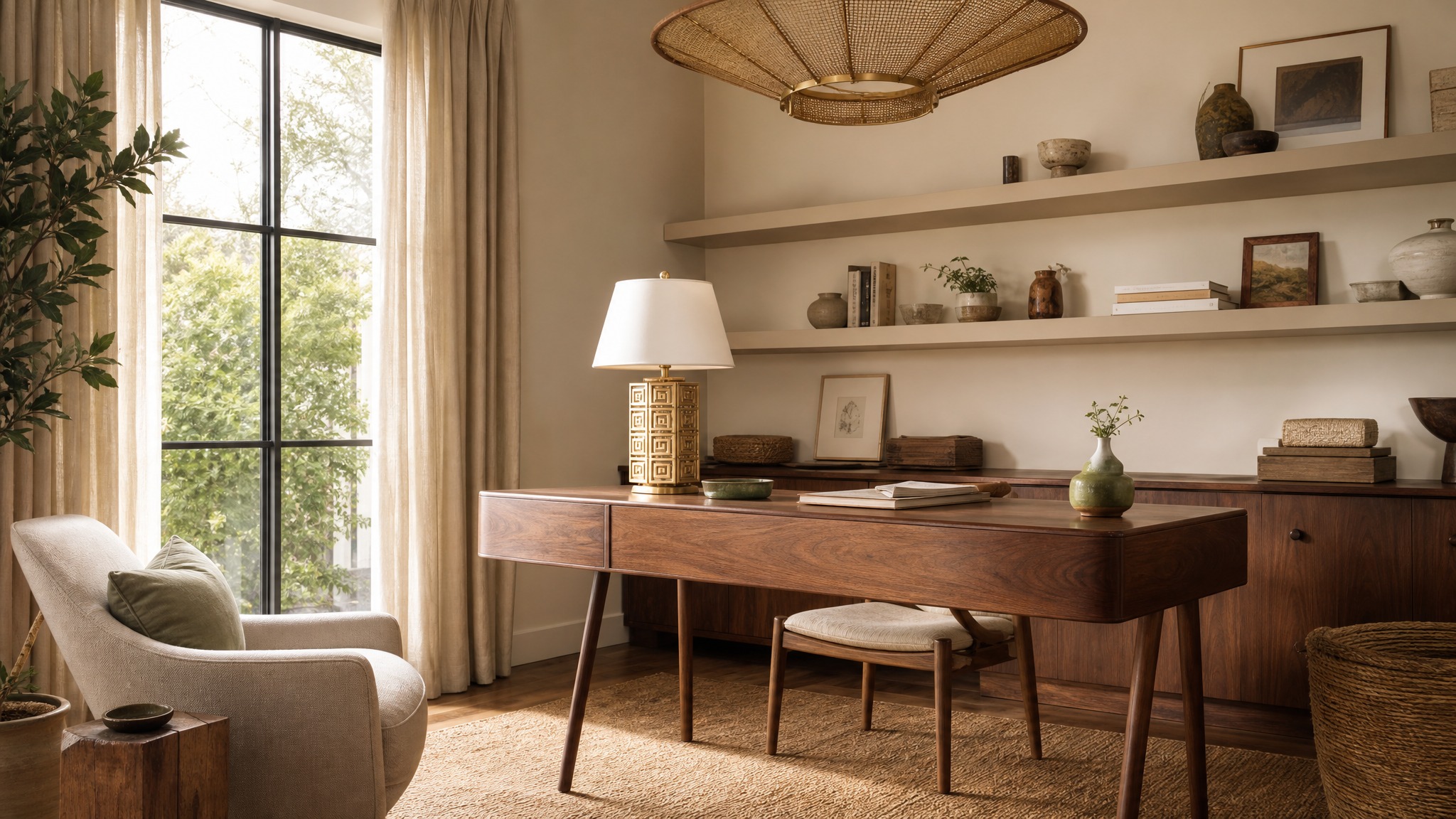 Organic Modern home office — Walnut & Olive palette