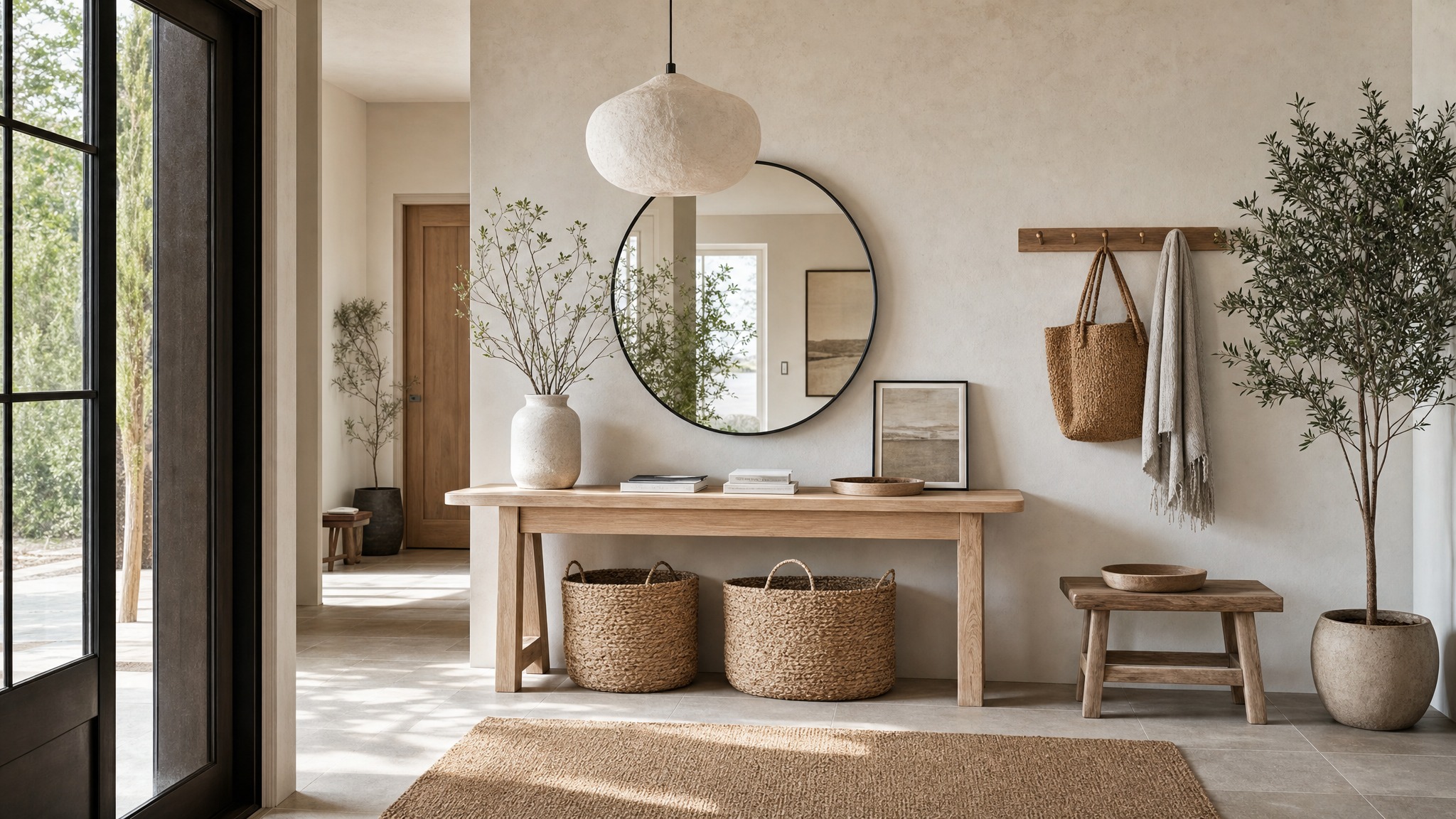 Japandi & Scandi entryway — Ash & Mist palette