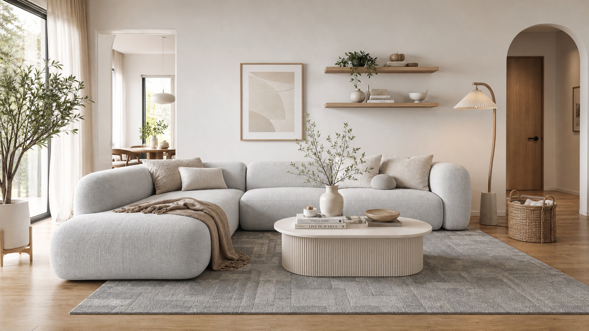 Japandi & Scandi living room — Birch & Cloud palette