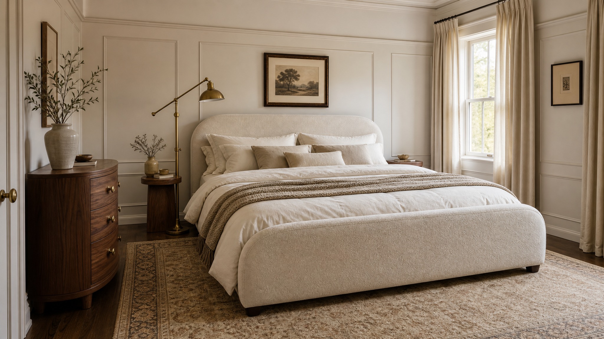 Modern Heritage bedroom — Ivory & Walnut palette