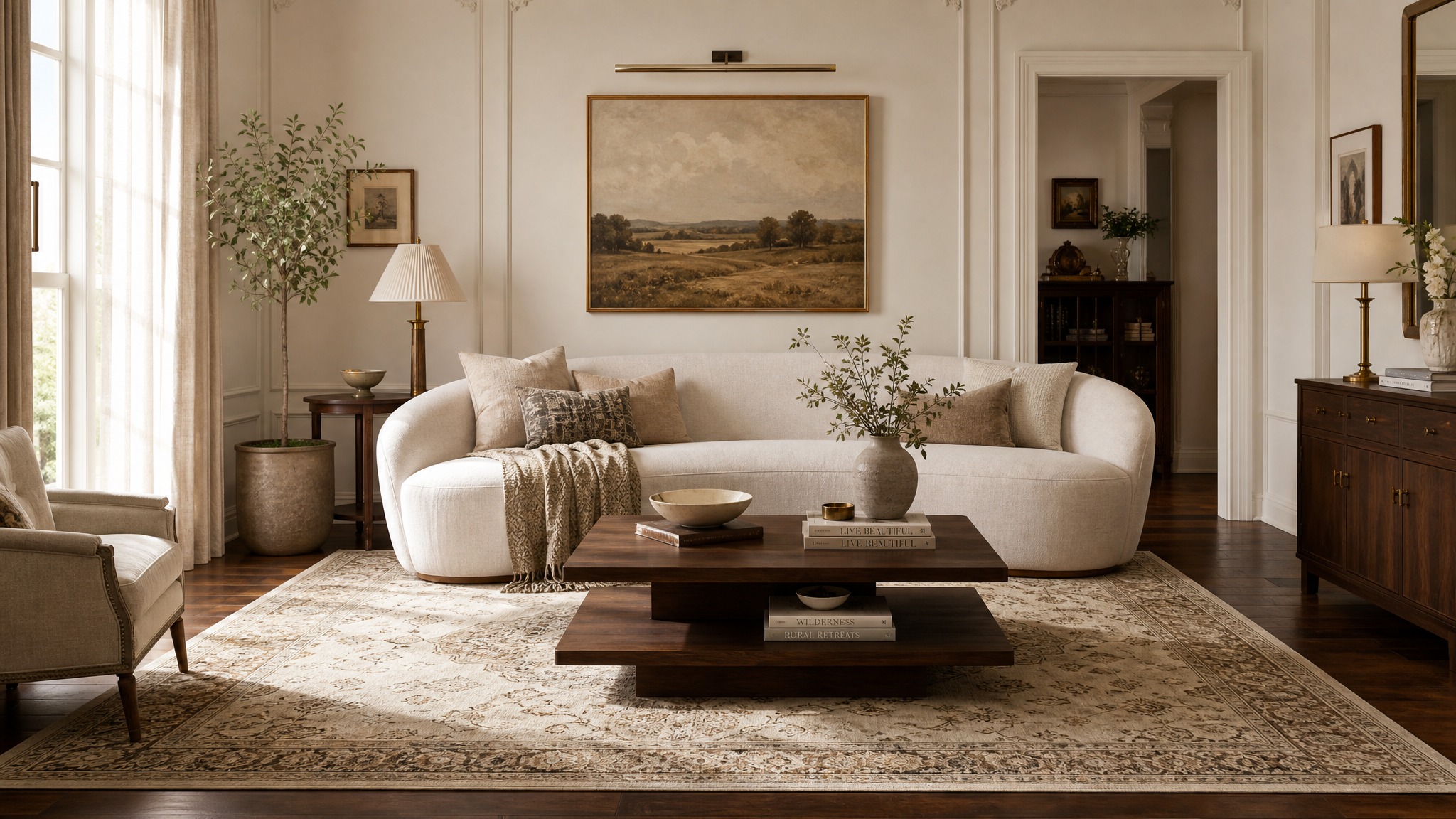 Modern Heritage living room — Ivory & Walnut palette